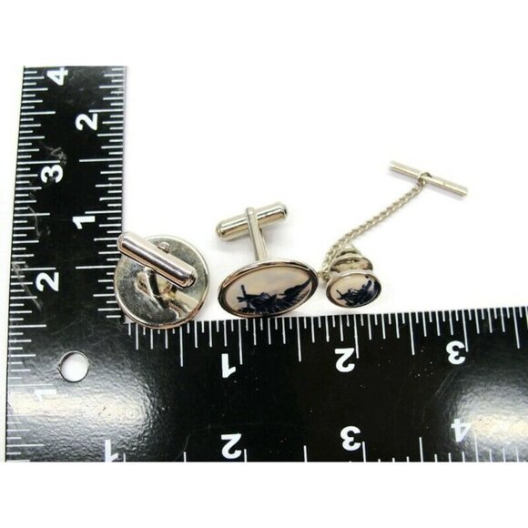 Deft Blue Cufflinks and Tie Tac Set Silver Tone Tux Shirt Dress Suit Vintage - Picture 4 of 5